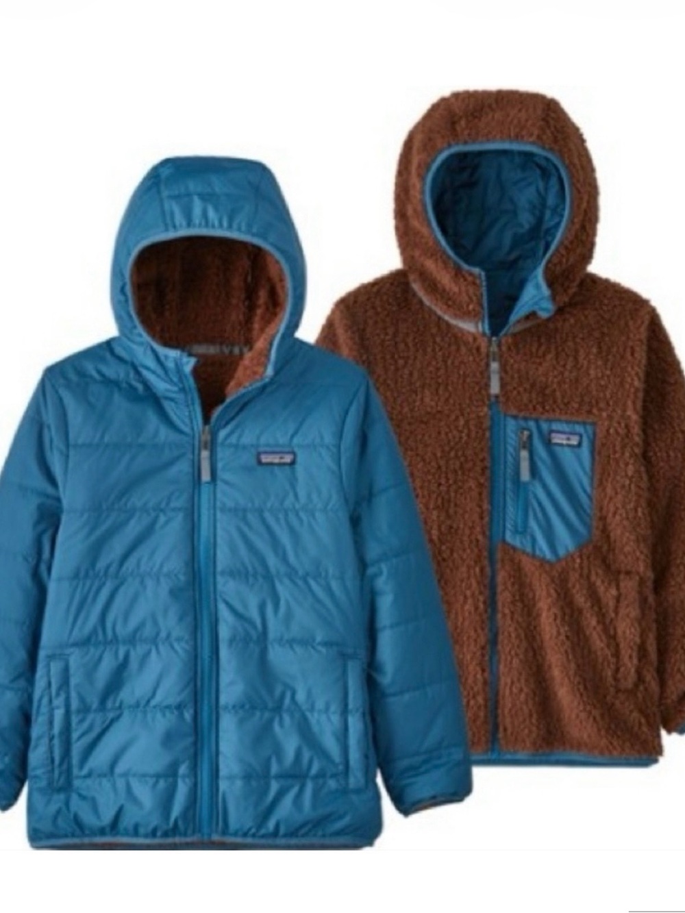 Patagonia Kids Reversible Ready Freddy Blue Puffer & Brown Sherpa Hoodie
